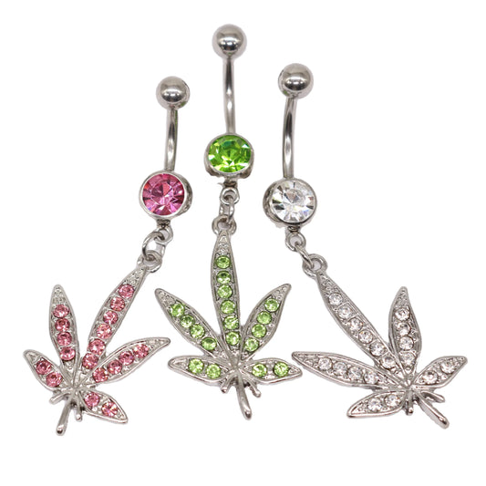 Gaby CZ Dangle Gem Maple Leaf Body Piercing Jewelry 316L Surgical Steel Belly Rings for Wedding and Engagement Stainless Steel