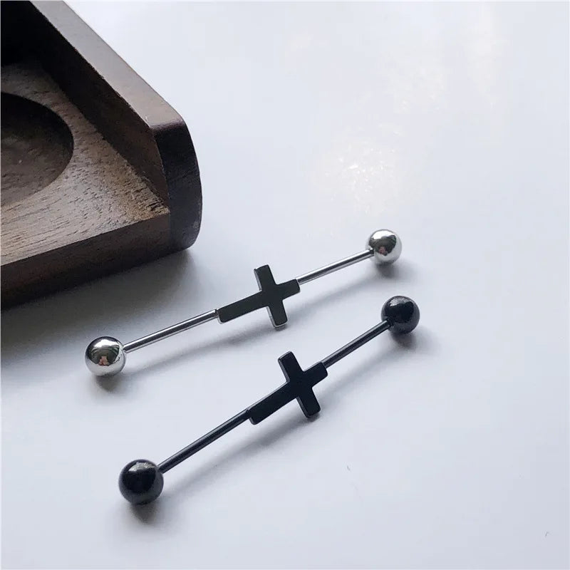 14G Cross Industrial Barbell Piercing Heart Earring Straigh Bar Cartilage Ear Piercing Barbells Body Jewelry Ear Piercing Ring
