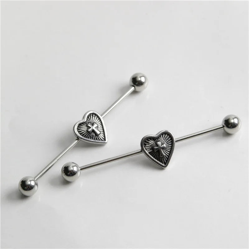 14G Cross Industrial Barbell Piercing Heart Earring Straigh Bar Cartilage Ear Piercing Barbells Body Jewelry Ear Piercing Ring