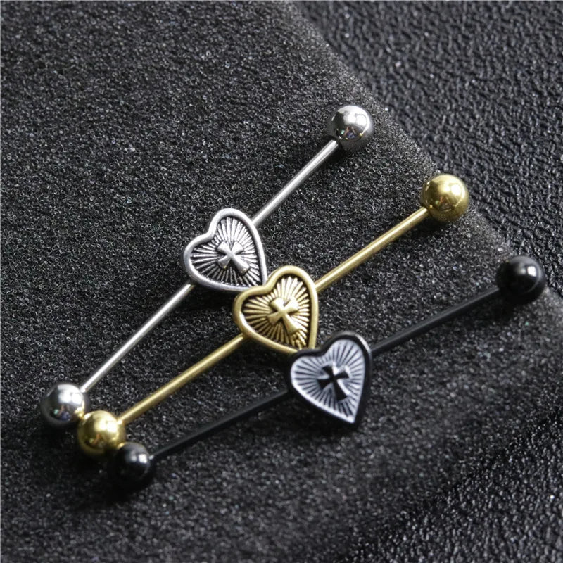 14G Cross Industrial Barbell Piercing Heart Earring Straigh Bar Cartilage Ear Piercing Barbells Body Jewelry Ear Piercing Ring