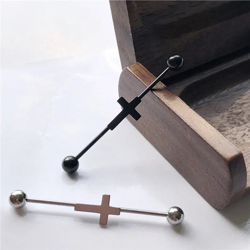 14G Cross Industrial Barbell Piercing Heart Earring Straigh Bar Cartilage Ear Piercing Barbells Body Jewelry Ear Piercing Ring