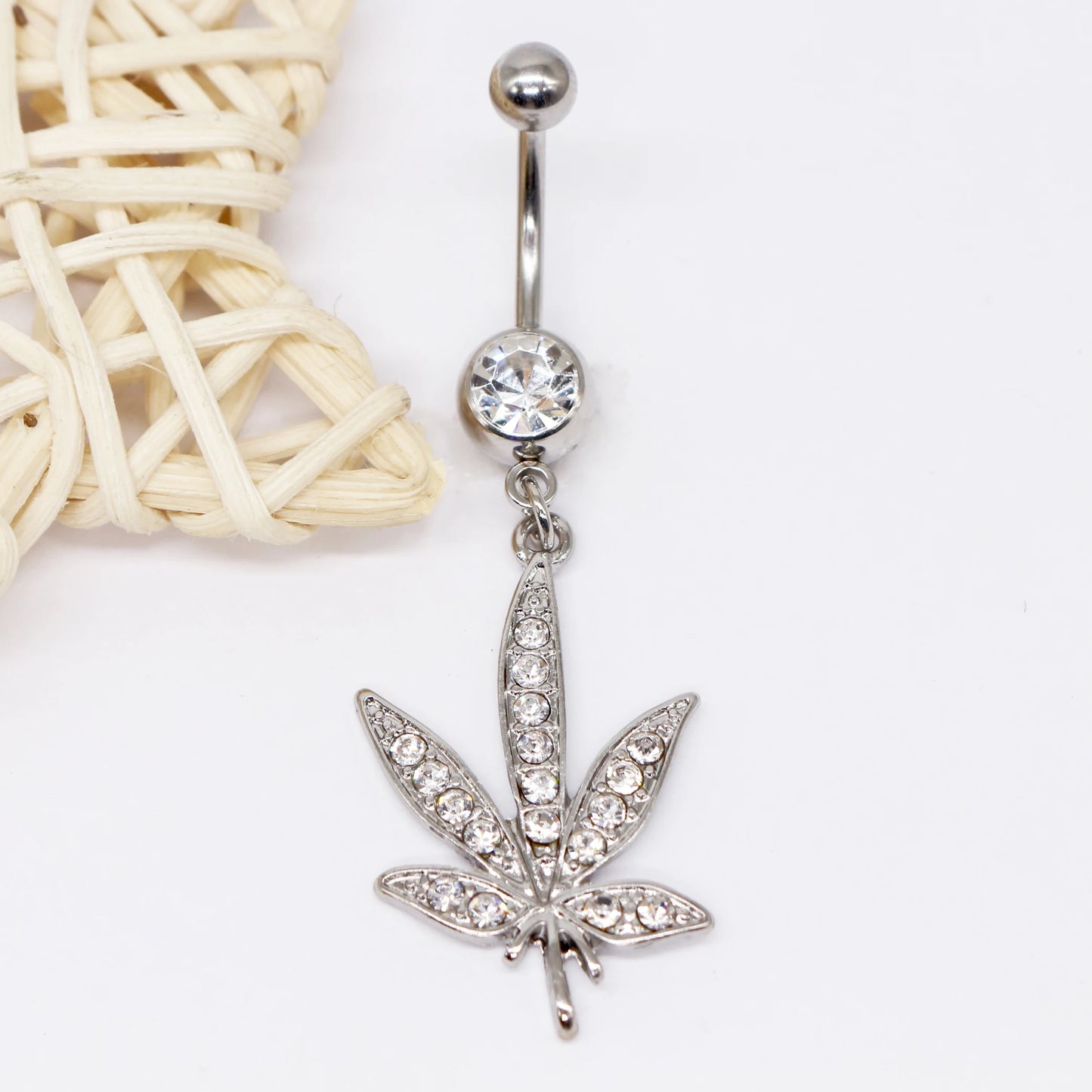 Gaby CZ Dangle Gem Maple Leaf Body Piercing Jewelry 316L Surgical Steel Belly Rings for Wedding and Engagement Stainless Steel