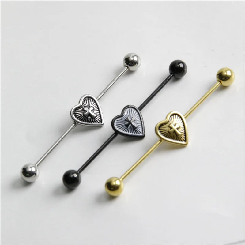 14G Cross Industrial Barbell Piercing Heart Earring Straigh Bar Cartilage Ear Piercing Barbells Body Jewelry Ear Piercing Ring