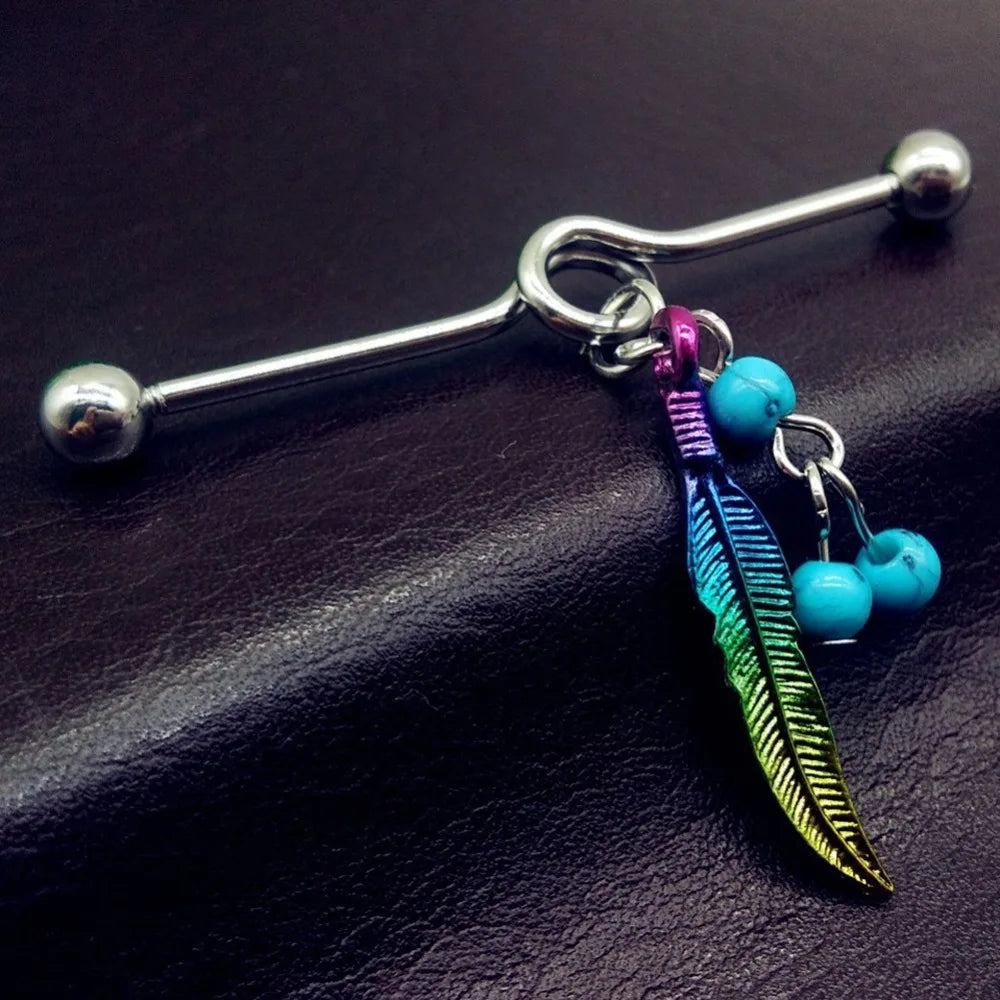 1PC Long Stainless Steel Industrial Piercing Ear Cartilage Straight Bar Jewelry Boho Feather Pendant Earring Ear Barbell Jewelry
