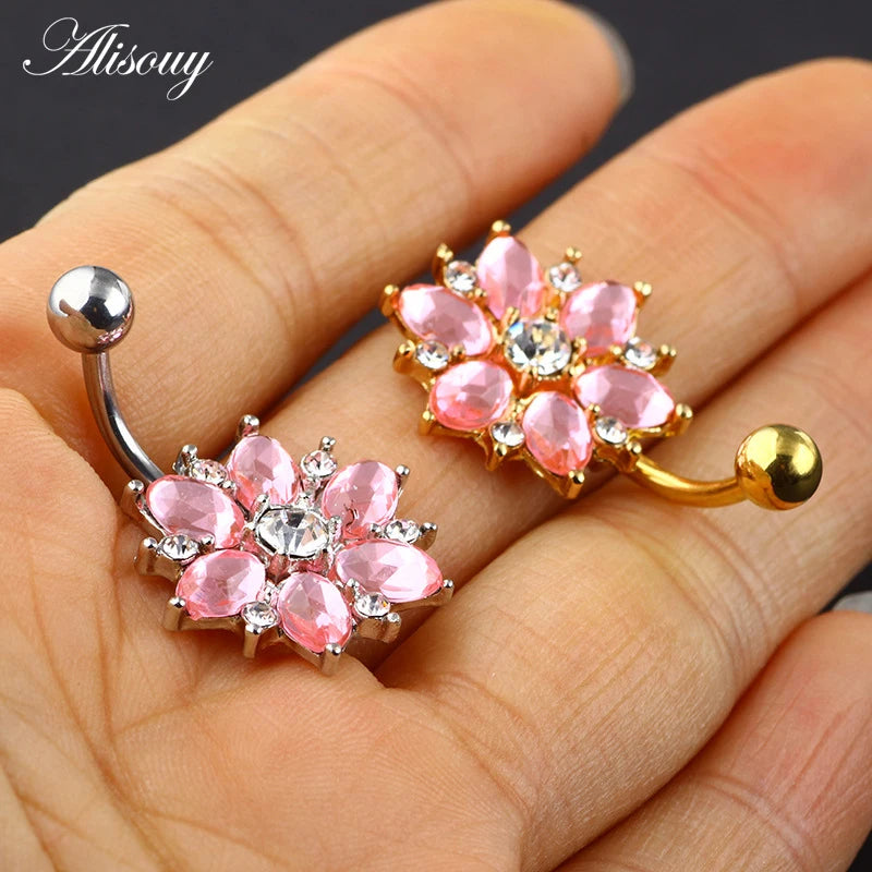 Alisouy Flower Navel Belly Bar - Comfortable Surgical Steel Body Jewelry