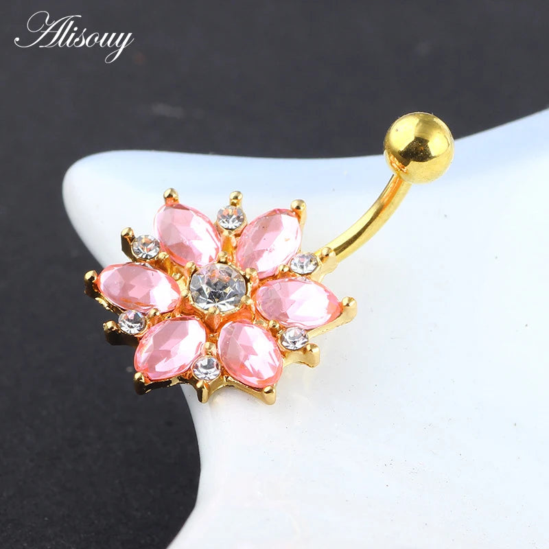 Alisouy Flower Navel Belly Bar - Comfortable Surgical Steel Body Jewelry