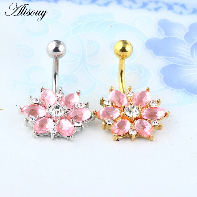 Alisouy Flower Navel Belly Bar - Comfortable Surgical Steel Body Jewelry