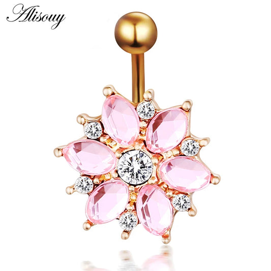 Alisouy Flower Navel Belly Bar - Comfortable Surgical Steel Body Jewelry