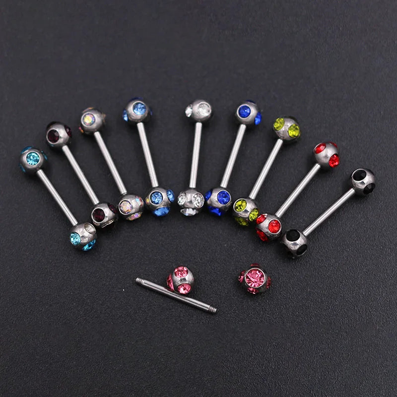 1Pc 10 Styles 1.2*10+4mm Zircon Ball Party Friendly Tongue Ring / Straight Barbell - Barbell Body Jewelry