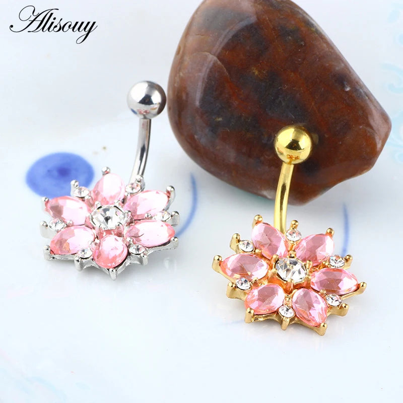 Alisouy Flower Navel Belly Bar - Comfortable Surgical Steel Body Jewelry