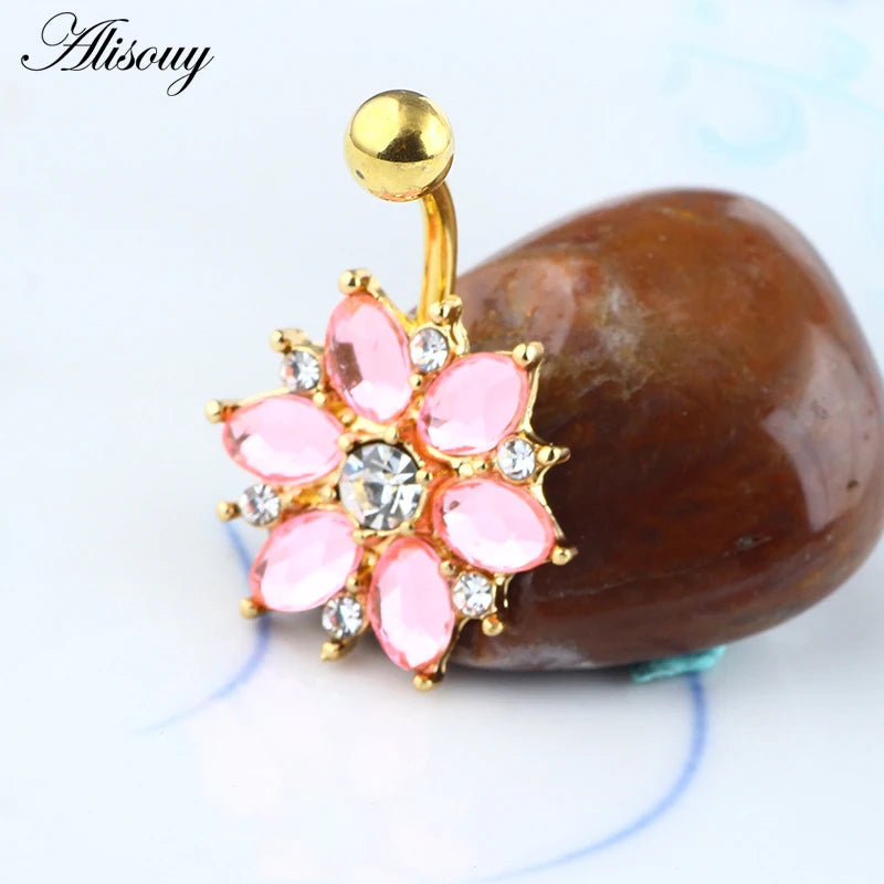 Alisouy Flower Navel Belly Bar - Comfortable Surgical Steel Body Jewelry