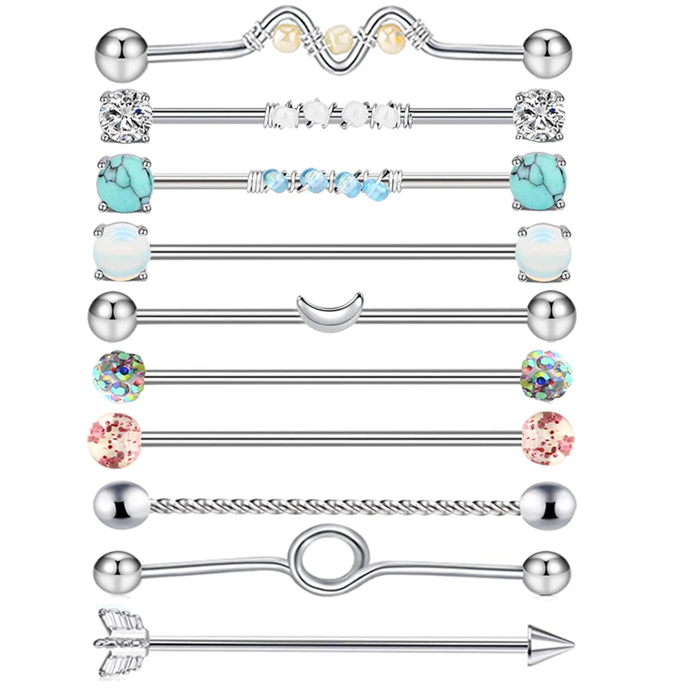 14G Industrial Piercing Barbells Jewelry Surgical Steel CZ Marble Pearl Style for Women Men Cartilage Earring Body Piercing