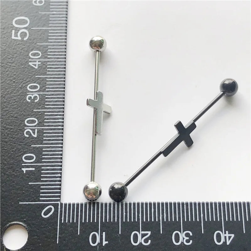 14G Cross Industrial Barbell Piercing Heart Earring Straigh Bar Cartilage Ear Piercing Barbells Body Jewelry Ear Piercing Ring