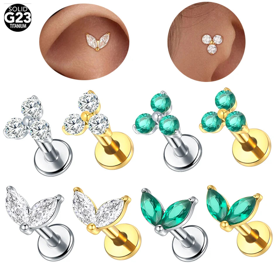 1pc Titanium White Green Zircon Stud Earring for Women Flat Back Helix Tragus Labret Piercing Body Jewelry