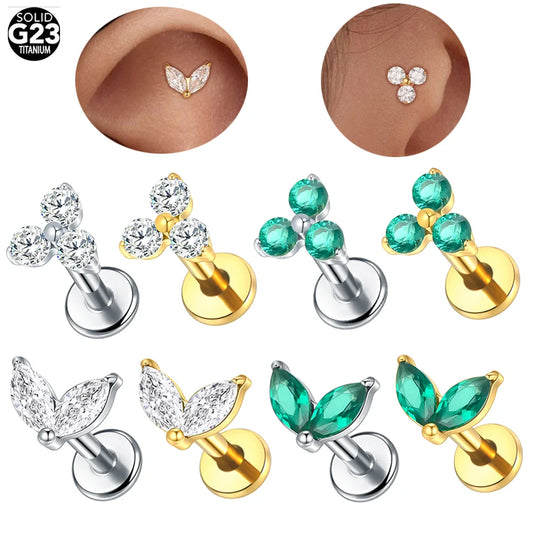 1pc Titanium White Green Zircon Stud Earring for Women Flat Back Helix Tragus Labret Piercing Body Jewelry