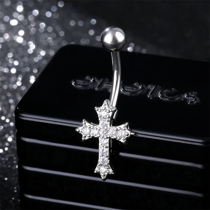 Elegant Cross Pendant Belly Button Ring in Stainless Steel - Versatile Body Jewelry