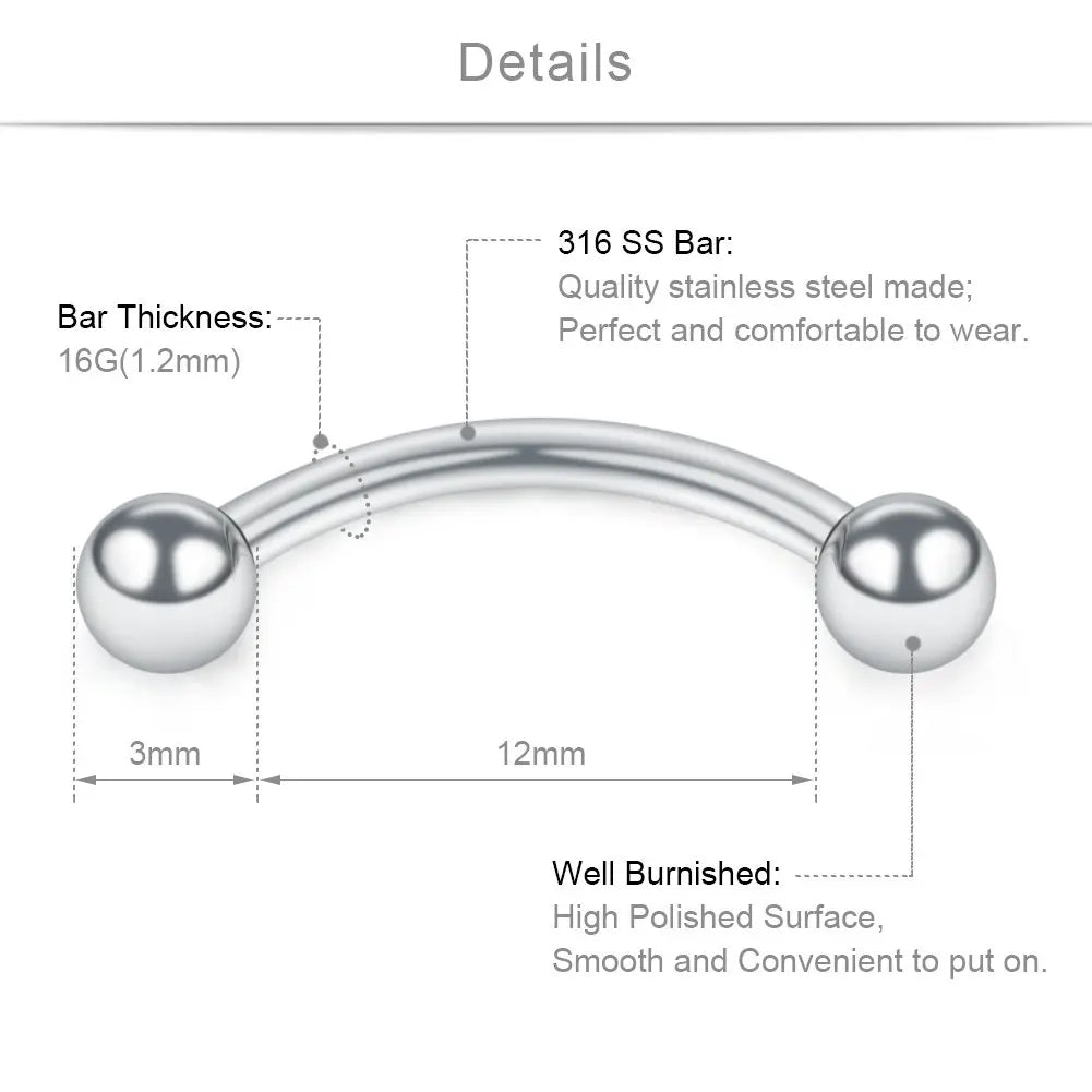 12PCS 16G Stainless Steel Curved Barbell Eyebrow Tragus Helix Ear Belly Lip Ring Body Piercing Jewelry For Women and Men