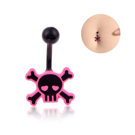Stylish Stainless Steel Belly Button Ring with Pink Rose Skull Design
