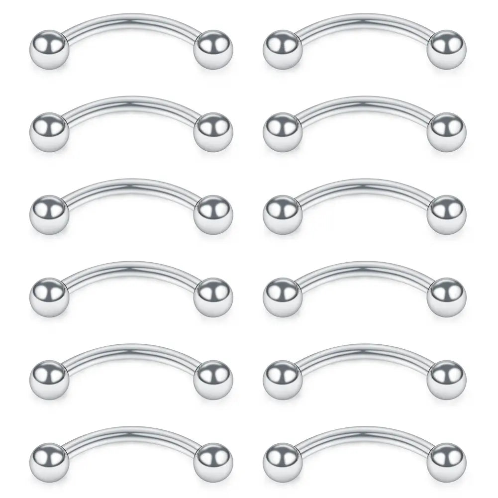 12PCS 16G Stainless Steel Curved Barbell Eyebrow Tragus Helix Ear Belly Lip Ring Body Piercing Jewelry For Women and Men