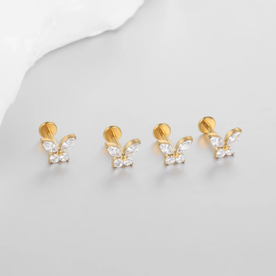 1PC Titanium Ear Cartilage Piercings Flat Back Stud Earring Internal Thread Butterfly Cross CZ Helix Tragus Piercing Jewelry 16G