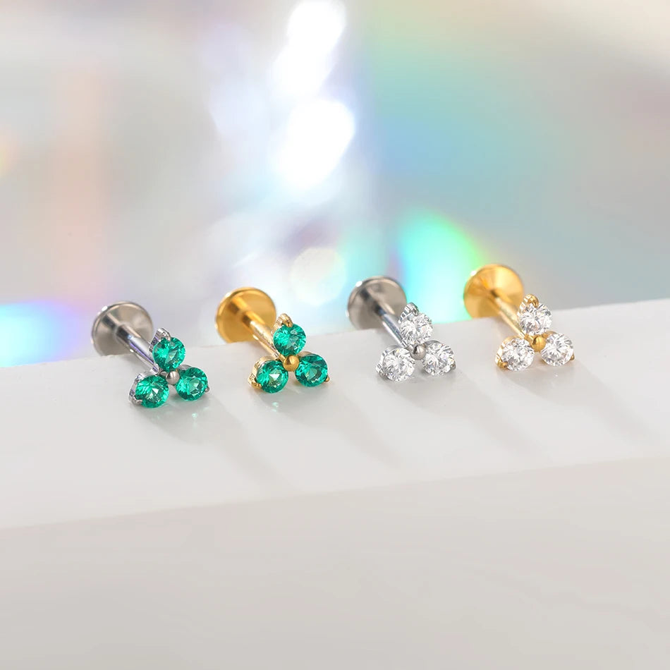 1pc Titanium White Green Zircon Stud Earring for Women Flat Back Helix Tragus Labret Piercing Body Jewelry