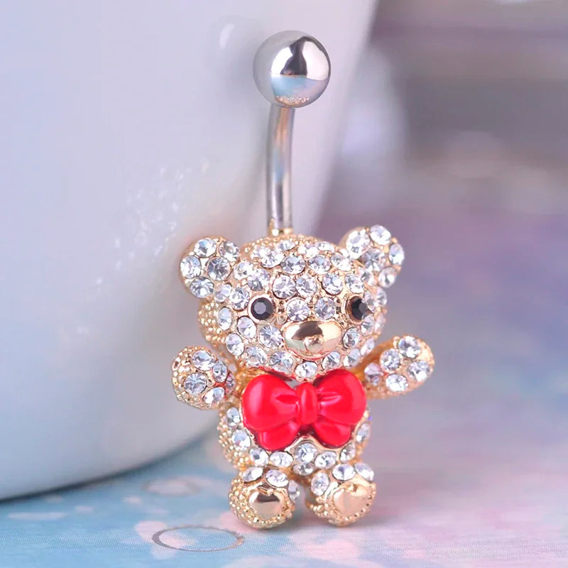 Versatile Red Bow Tie Bear Belly Button Ring in 316L Surgical Steel