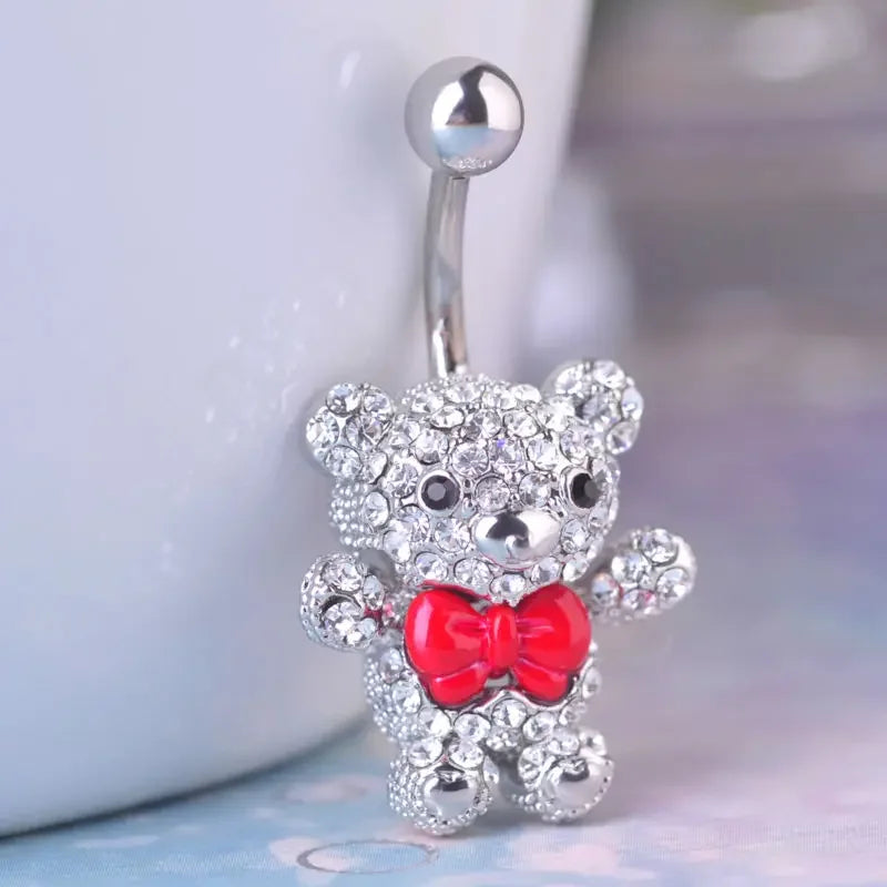 Versatile Red Bow Tie Bear Belly Button Ring in 316L Surgical Steel