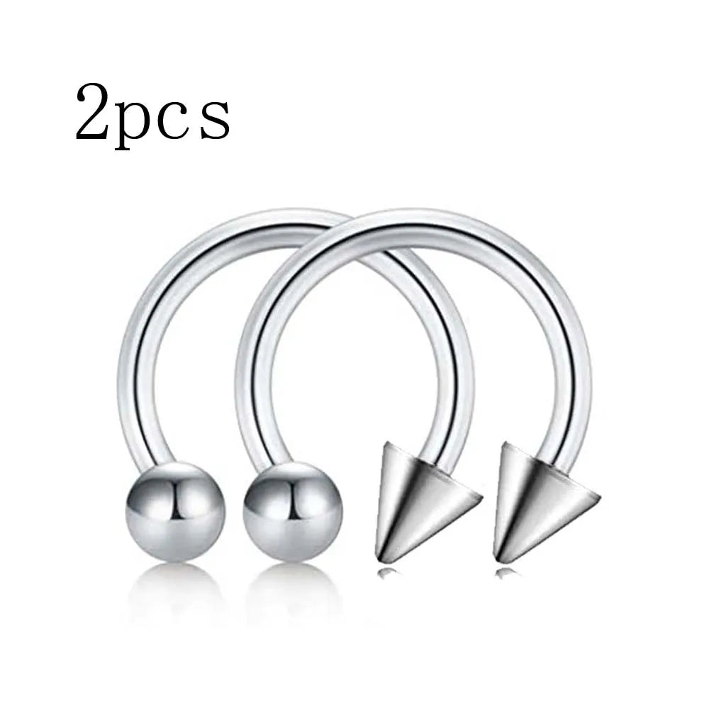2Pcs Stainless Steel Horseshoe Barbell Nose Lip Rings With Balls Spikes Punk Body Piercing Jewelry Universal Fit Design