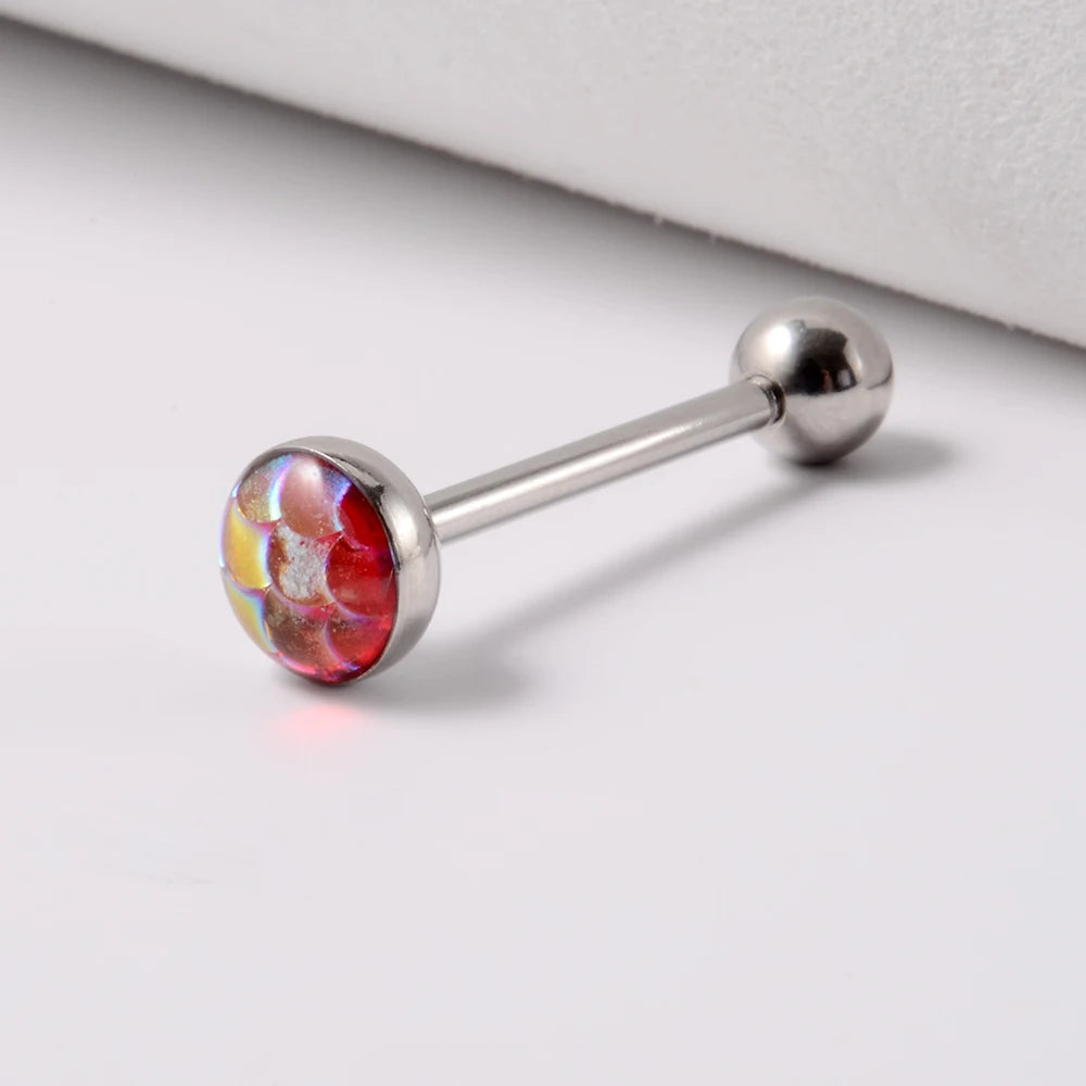 1PC 14G Tongue Rings Surgical Steel Tongue Piercing Jewelry for Women Men Fish Scales Ball Tongue Ring Barbell Piercing