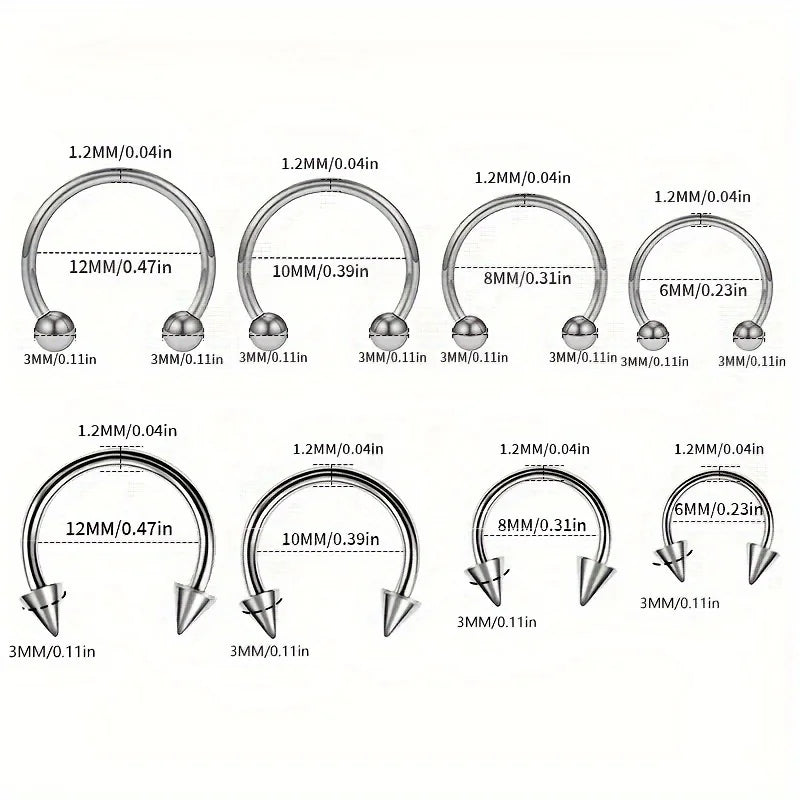 2Pcs Stainless Steel Horseshoe Barbell Nose Lip Rings With Balls Spikes Punk Body Piercing Jewelry Universal Fit Design