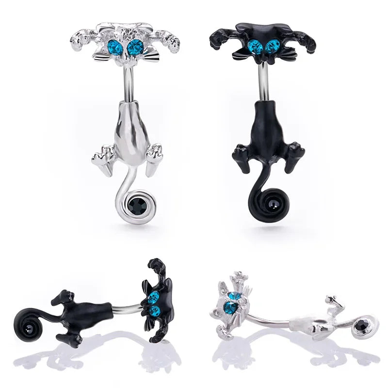 Elegant Stainless Steel Cat-Shaped Belly Ring with Zircon Detailing