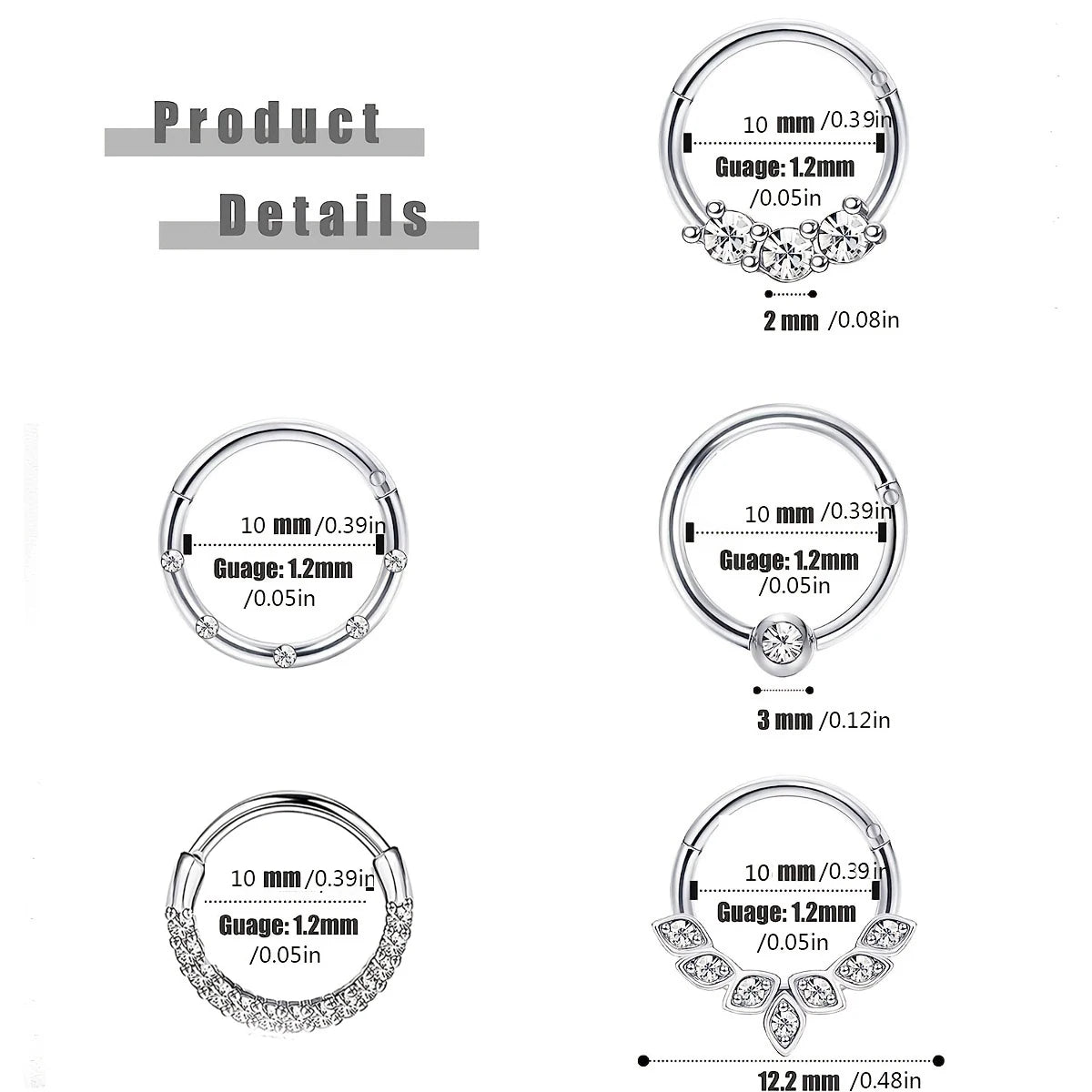 1-5pcs 16G Fashion 316L Stainless Steel CZ Hinged Septum Clicker Nose Hoop Rings,Daith Helix Tragus Cartilage Piercing Jewelry