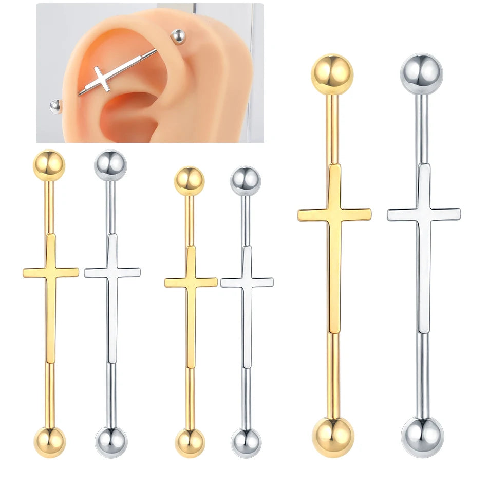 1PC Steel Cross Industrial Piercings Orelha Cartilagem Industrial Barbell Earrings Piercing Bar Scaffold Ear Cartilage Helix 14G