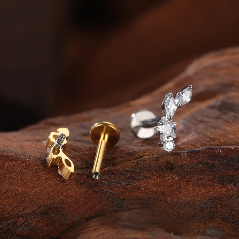 1PC Titanium Ear Cartilage Piercings Flat Back Stud Earring Internal Thread Butterfly Cross CZ Helix Tragus Piercing Jewelry 16G