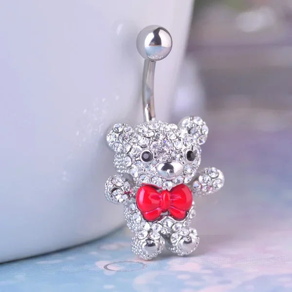Versatile Red Bow Tie Bear Belly Button Ring in 316L Surgical Steel
