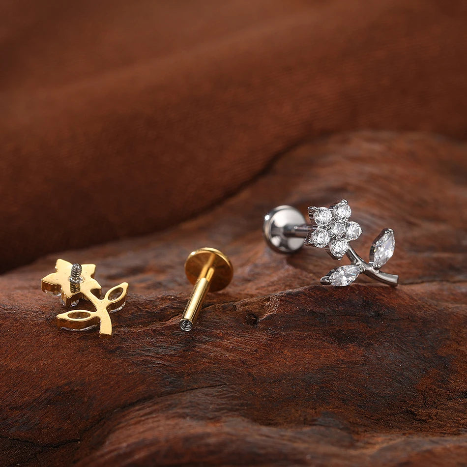 1PC Titanium Ear Cartilage Piercings Flat Back Stud Earring Internal Thread Butterfly Cross CZ Helix Tragus Piercing Jewelry 16G