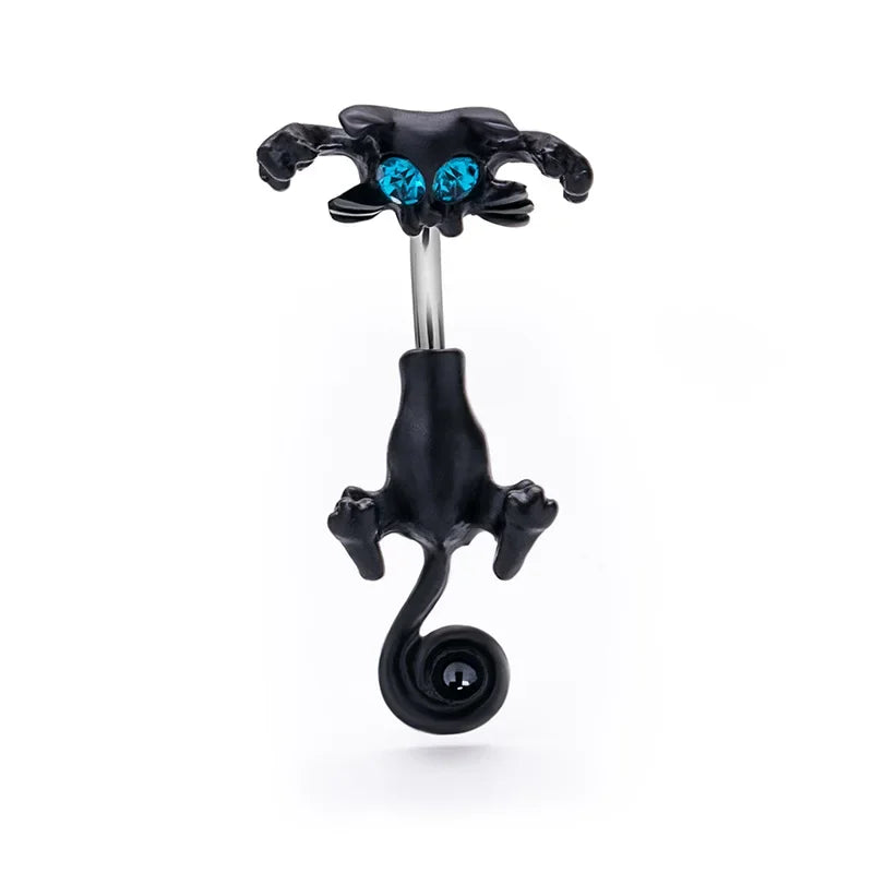 Elegant Stainless Steel Cat-Shaped Belly Ring with Zircon Detailing