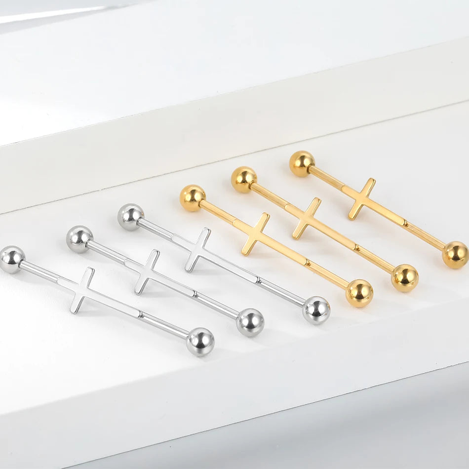 1PC Steel Cross Industrial Piercings Orelha Cartilagem Industrial Barbell Earrings Piercing Bar Scaffold Ear Cartilage Helix 14G