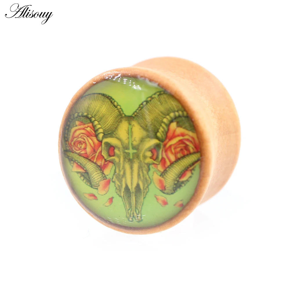 2PCS Wood Sheep Head Cross Epoxy Resin Flared Ear Tunnels Plug Expander Stretcher Gauges Earrings Piercing Body Jewelry