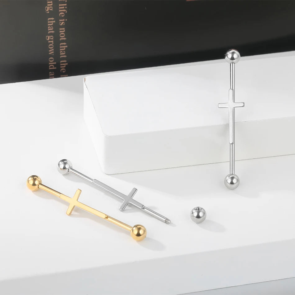 1PC Steel Cross Industrial Piercings Orelha Cartilagem Industrial Barbell Earrings Piercing Bar Scaffold Ear Cartilage Helix 14G