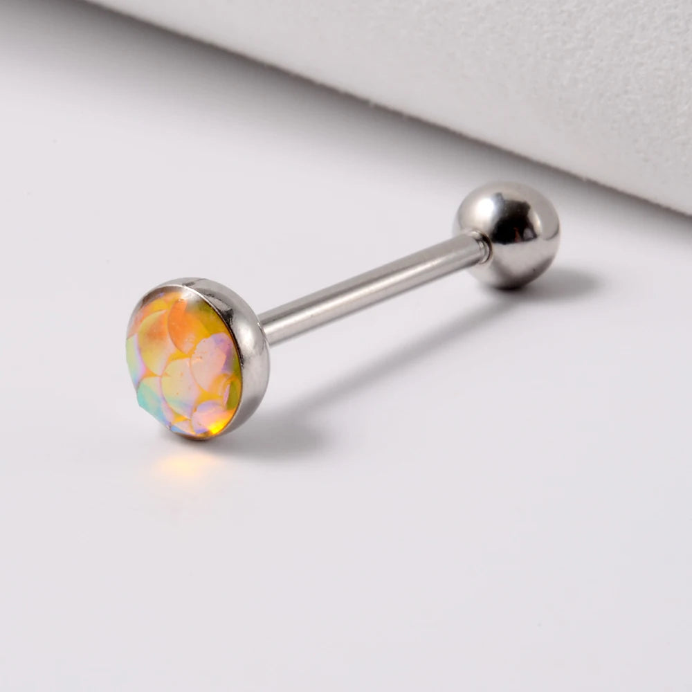 1PC 14G Tongue Rings Surgical Steel Tongue Piercing Jewelry for Women Men Fish Scales Ball Tongue Ring Barbell Piercing
