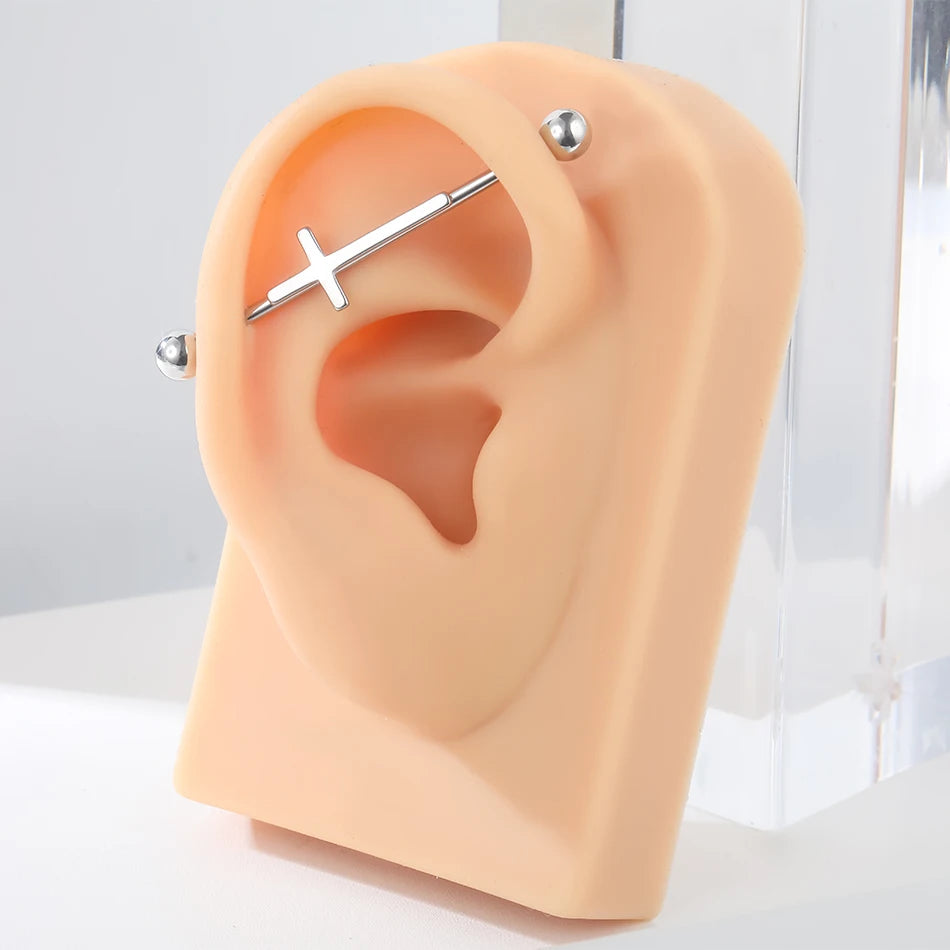 1PC Steel Cross Industrial Piercings Orelha Cartilagem Industrial Barbell Earrings Piercing Bar Scaffold Ear Cartilage Helix 14G