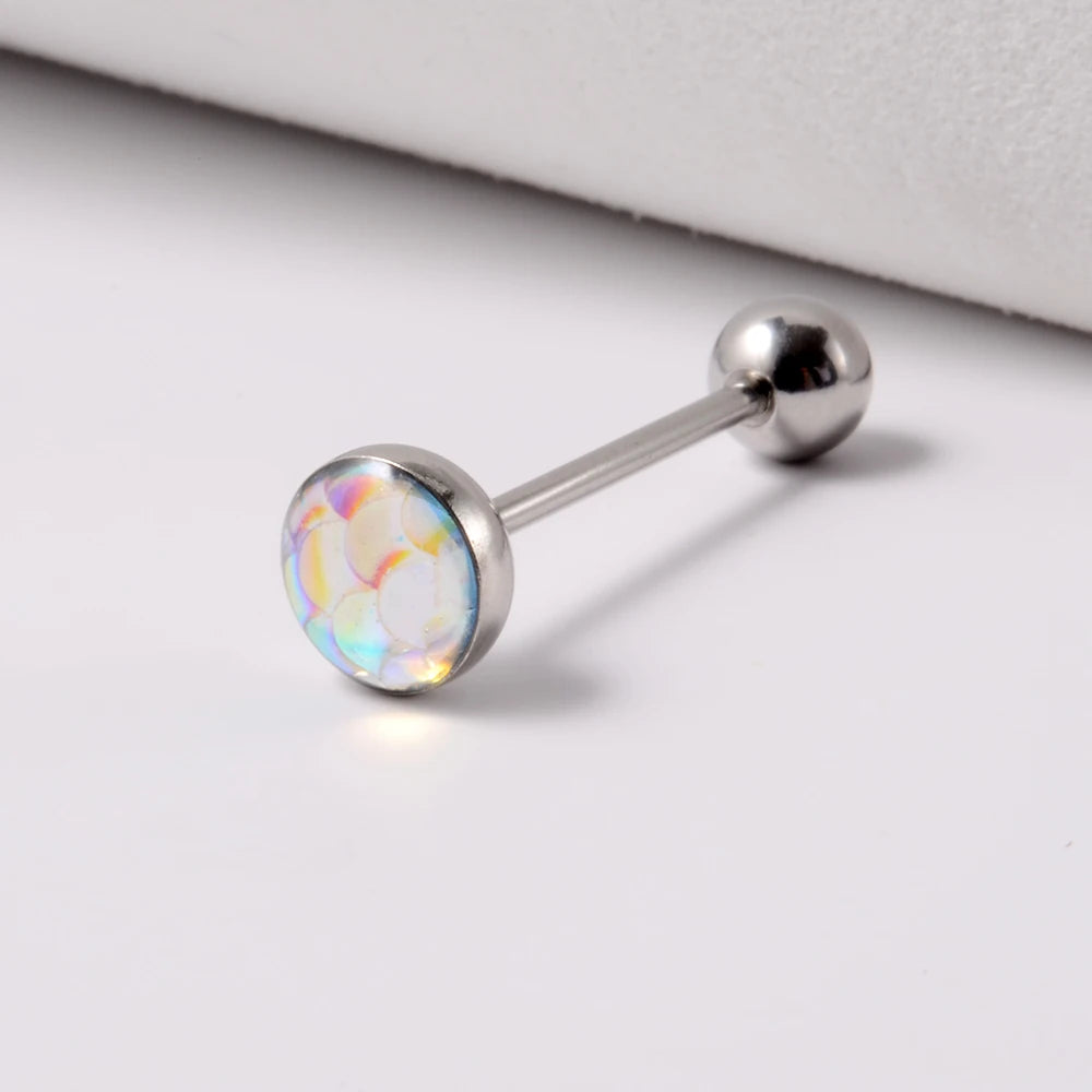 1PC 14G Tongue Rings Surgical Steel Tongue Piercing Jewelry for Women Men Fish Scales Ball Tongue Ring Barbell Piercing