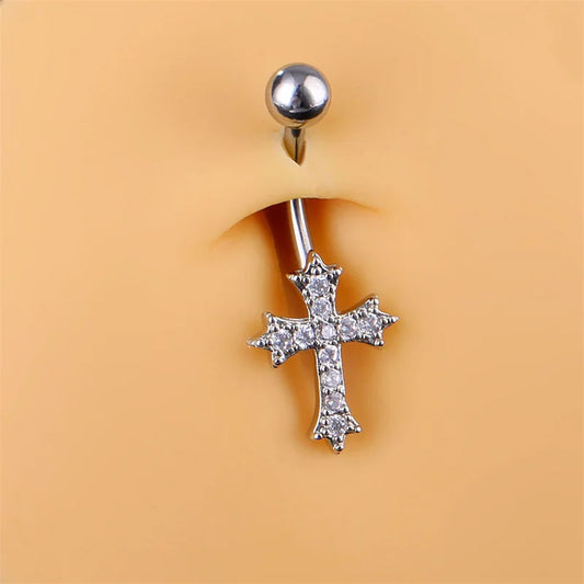 Elegant Cross Pendant Belly Button Ring in Stainless Steel - Versatile Body Jewelry