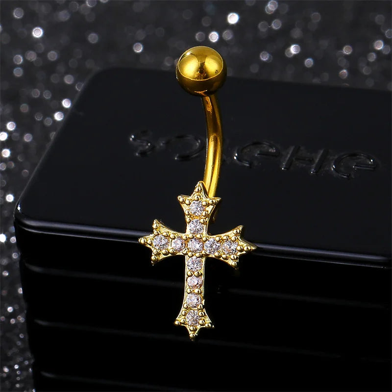 Elegant Stainless Steel Cross Pendant Belly Button Ring with Zircon