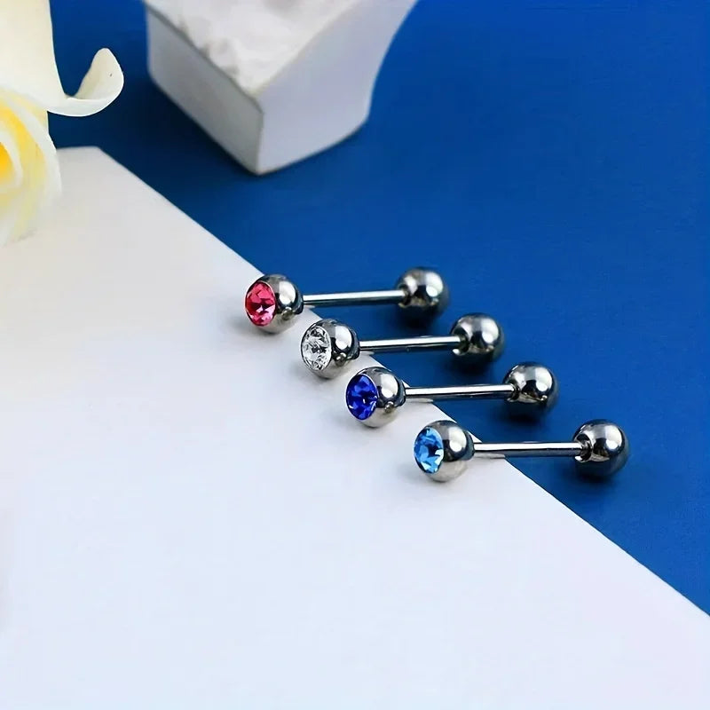 10pcs 14 Gauge With Rhinestone Straight Barbell Metal Tongue Piercing Jewelry ,Stainless Steel Tongue Rings, 12 -18mm Available