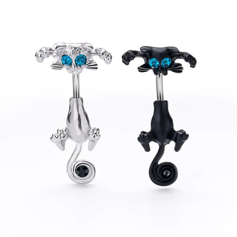 Elegant Stainless Steel Cat-Shaped Belly Ring with Zircon Detailing