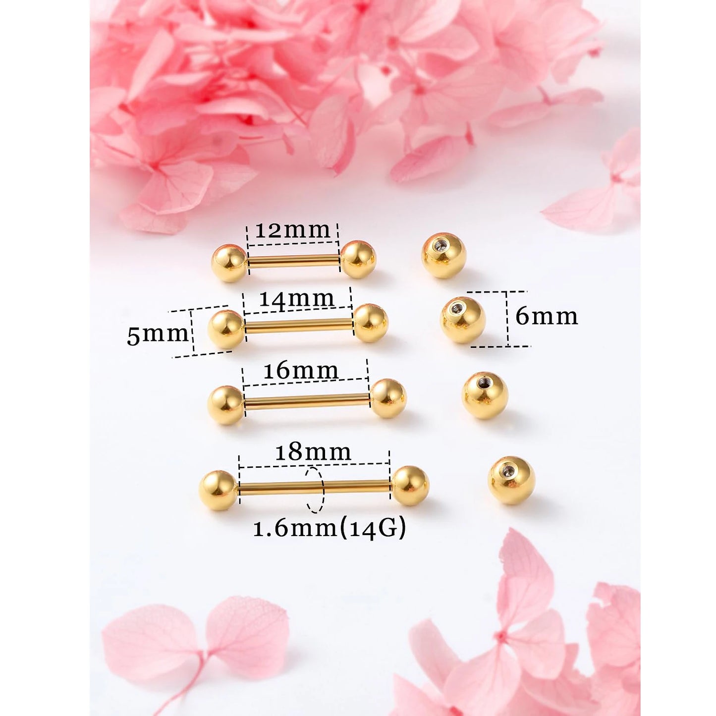 14G 16G Nipple Tongue Rings Stainless Steel Barbells Piercing Jewelry Silvery Black Golden 12mm-18mm Length Ball Size 5MM 6MM
