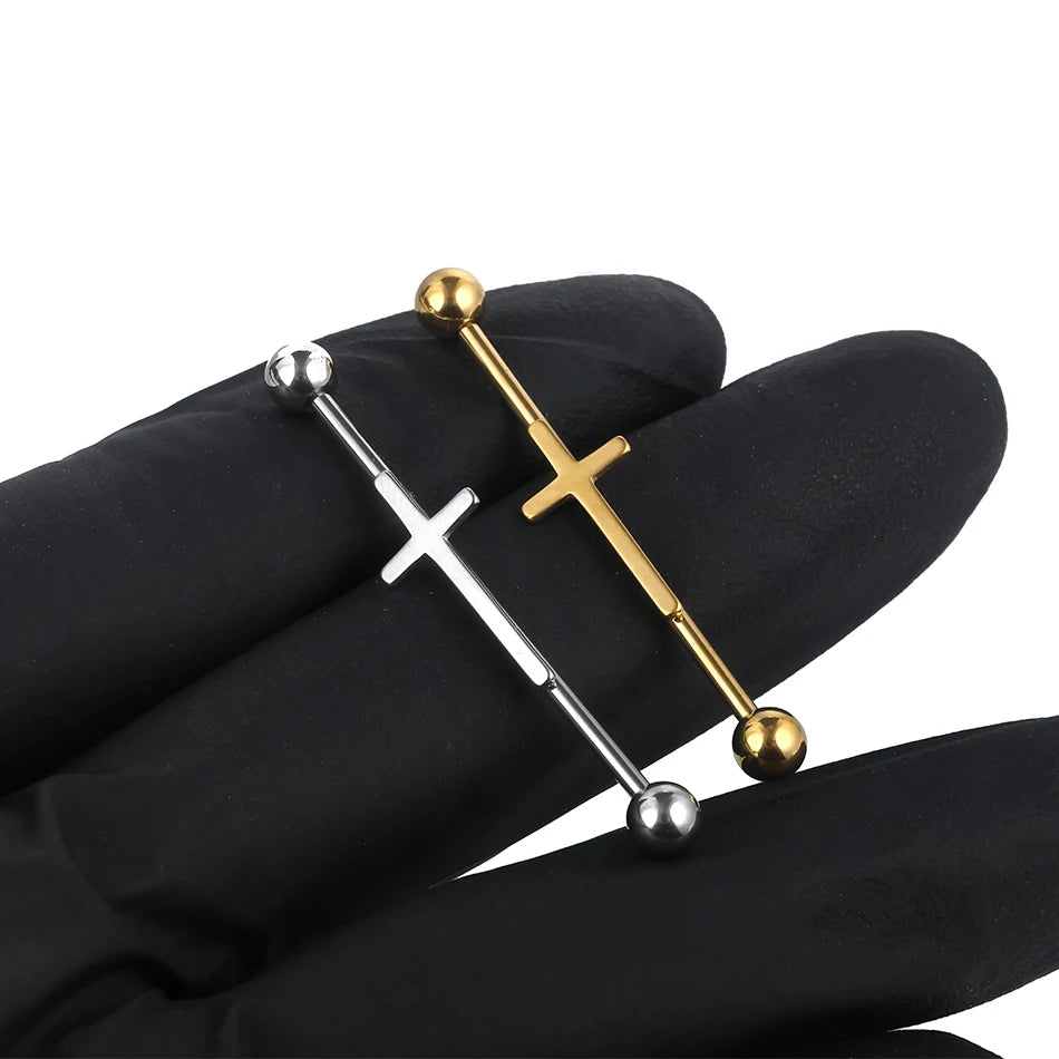 1PC Steel Cross Industrial Piercings Orelha Cartilagem Industrial Barbell Earrings Piercing Bar Scaffold Ear Cartilage Helix 14G