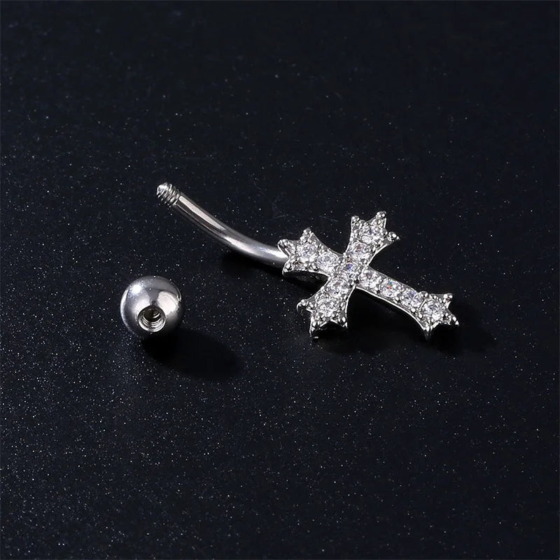 Elegant Cross Pendant Belly Button Ring in Stainless Steel - Versatile Body Jewelry